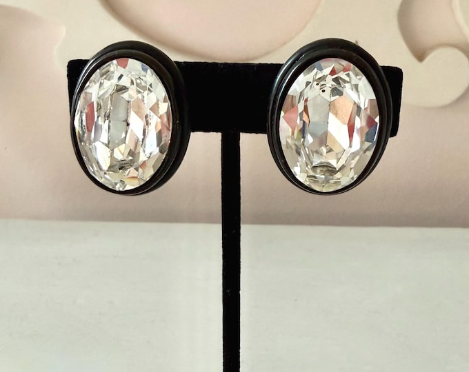 Vintage Ciner Large Faceted Clear Rhinestone Earrings with Black Trim