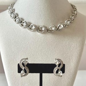 Vintage Bogoff Silver Tone Navette Rhinestone Necklace + Earrings