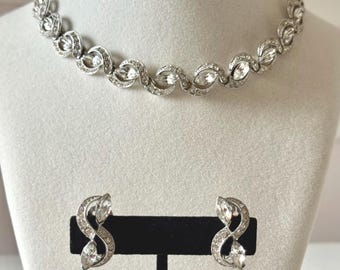 Vintage Bogoff Silver Tone Navette Rhinestone Necklace + Earrings