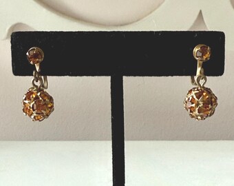 Vintage Gold Tone Drop Earrings with Amber Rhinestones Screw Back