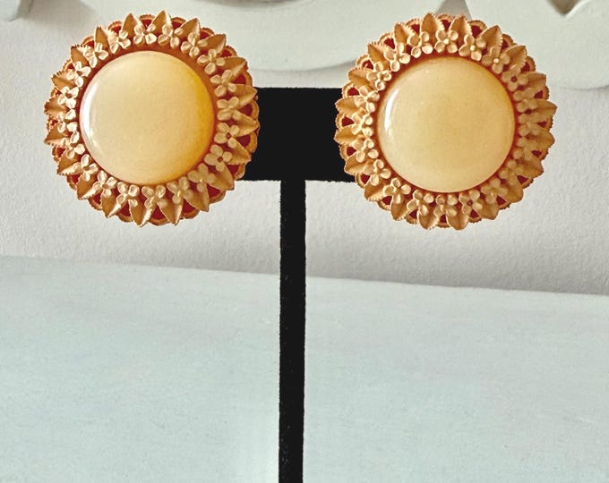 Vintage Celluloid and Acrylic Floral Earrings in Peach Unsigned