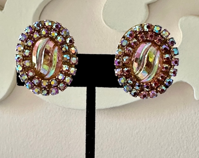 Vintage Earrings in Peachy Pink Aurora Borealis Stones Unsigned