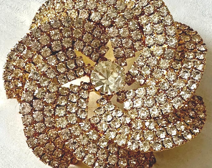 Vintage Jonette Rhinestone and Gold Tone Statement Brooch 2 3/8"