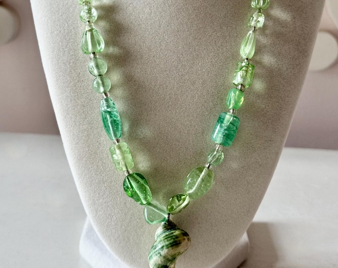 Vintage Pale Green Glass Beaded Necklace with Shell Pendant Unsigned 21"