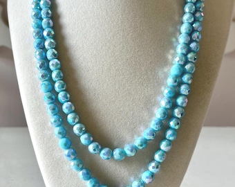 Vintage Czech Blue Aurora Borealis Double-Strand Beaded Necklace Unsigned 19"