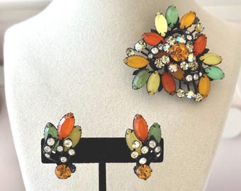 Vintage Frosted Yellow, Orange, and Green Frosted Glass Brooch + Earrings Unsigned
