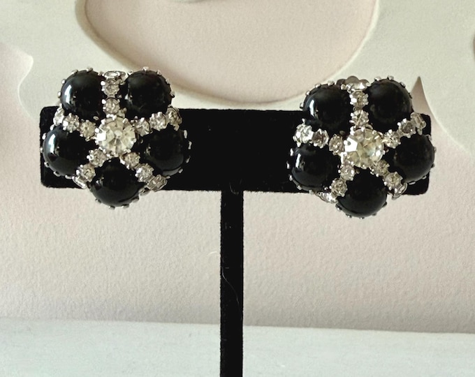 Vintage Weiss Black Glass Cabochon and Clear Rhinestone Floral Earrings Clip-On