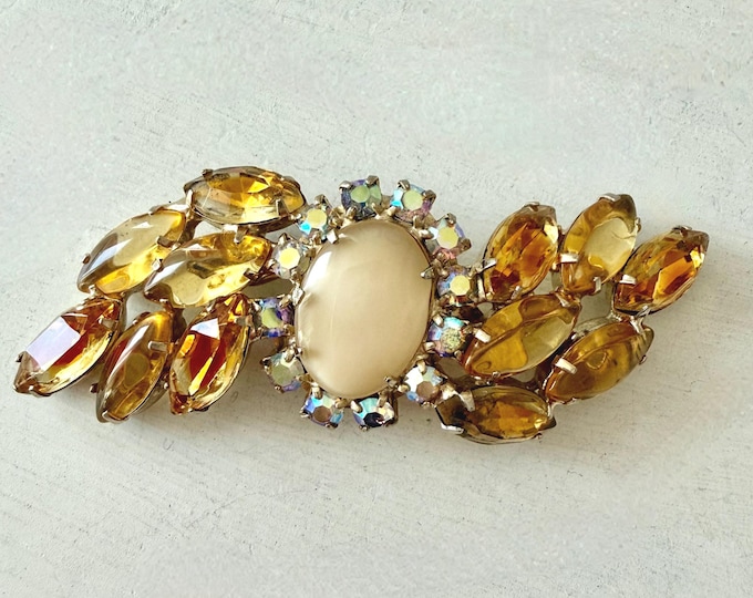 Vintage Yellow Cabochon AB and Citrine Marquise Brooch Unsigned 3"