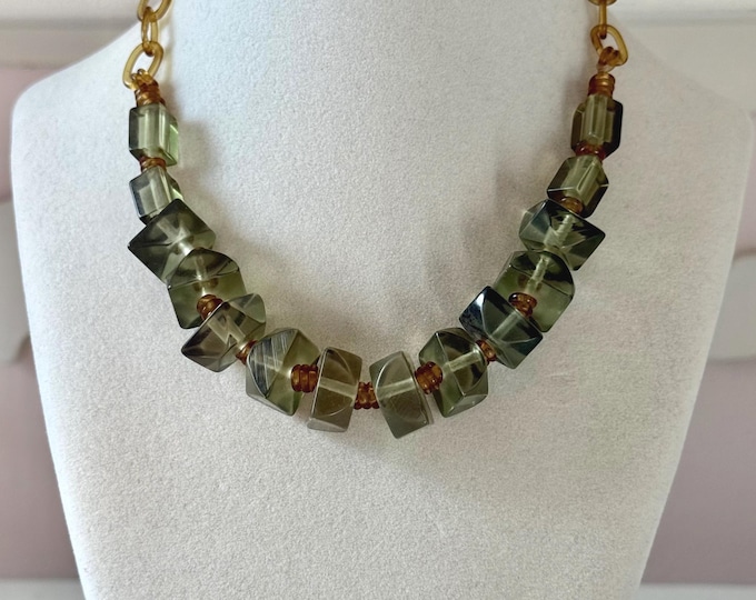 Vintage Celluloid Chain and Green Lucite Beaded Choker Necklace Unsigned