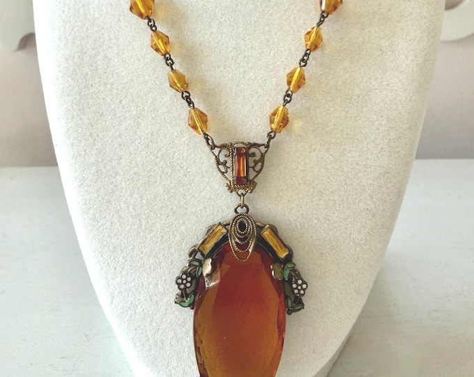 Vintage Amber Colored Czech Glass Beaded Pendant Necklace