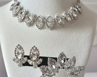 Vintage Weiss Navette Rhinestone Bridal Necklace + Earrings + Brooch