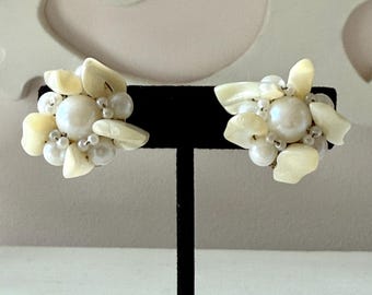Vintage Ivory Glass and White Faux Pearl Bridal Earrings Clip-On Unsigned
