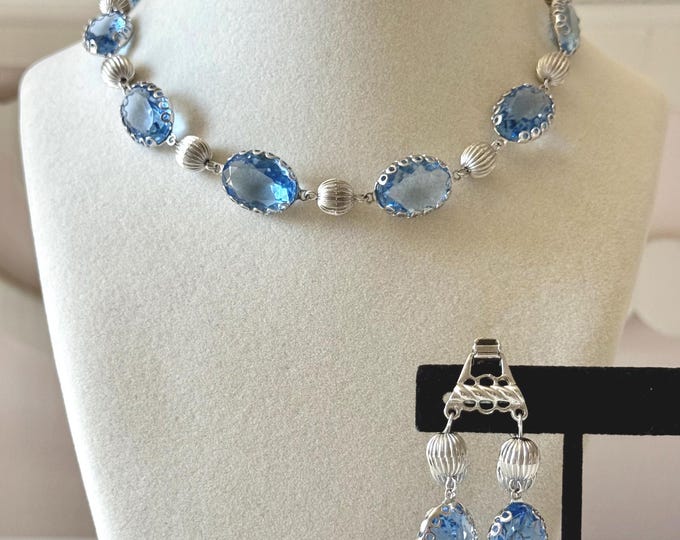 Vintage Coro Silver Tone and Pale Blue Faceted Glass Necklace + Bracelet