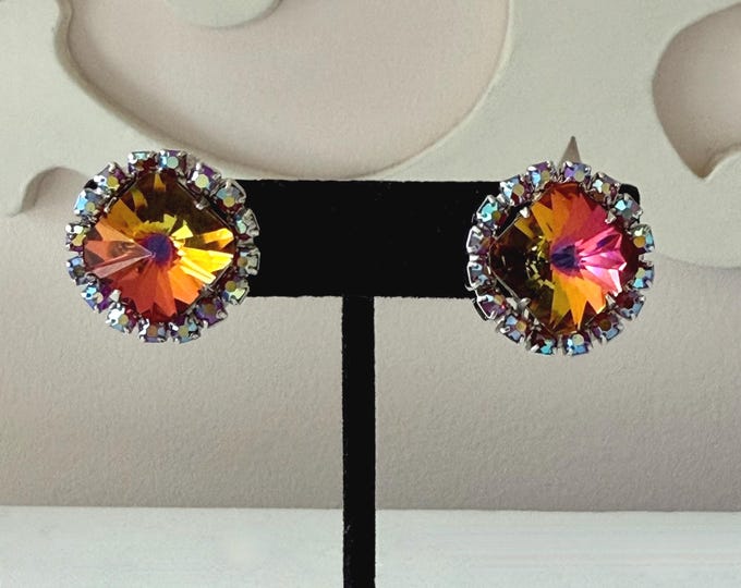 Vintage Watermelon Heliotrope Rivoli Earrings Unsigned