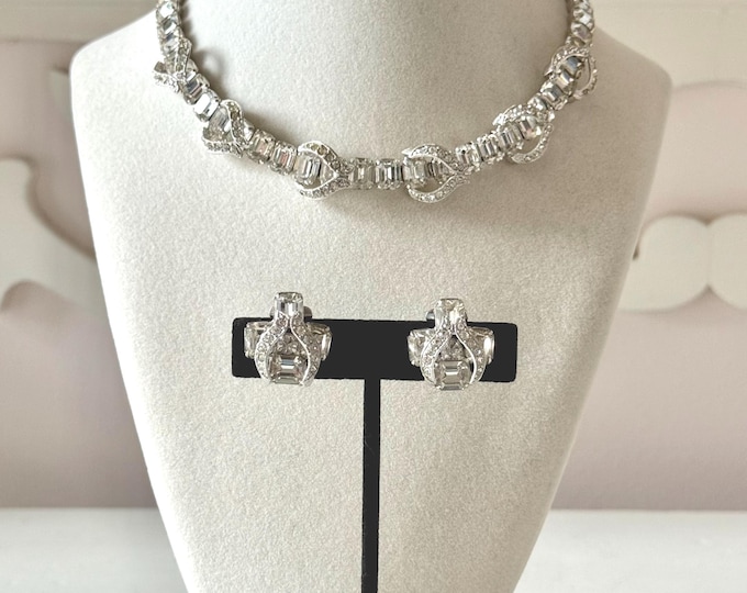 Vintage 1950s Eisenberg Swarovski Crystal Silver Tone Bridal Necklace + Earrings
