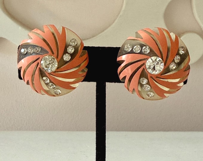 Vintage Orange Carved Lucite Pinwheel Earrings with Rhinestones Unsigned Clip-On