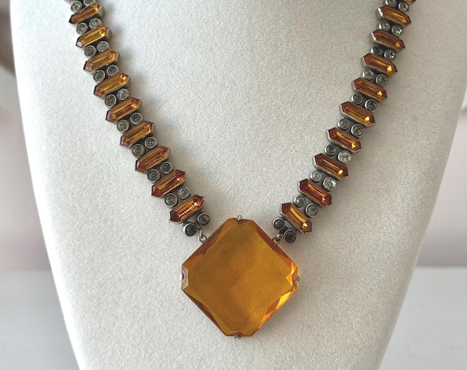 Vintage Art Deco Amber Colored Czech Glass Beaded Necklace 17.5"