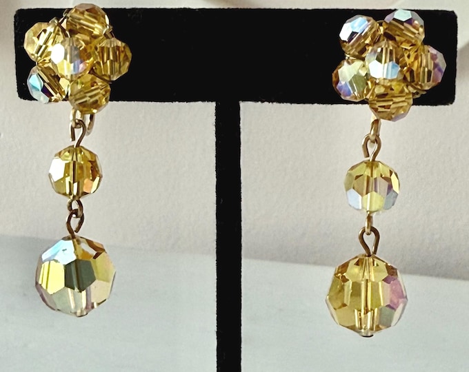 Vintage Golden Yellow AB Crystal Drop Earrings Clip-On Unsigned