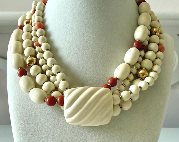 Vintage 1980s Napier 4-Strand Ivory and Coral Acrylic Beaded Necklace Ad Piece
