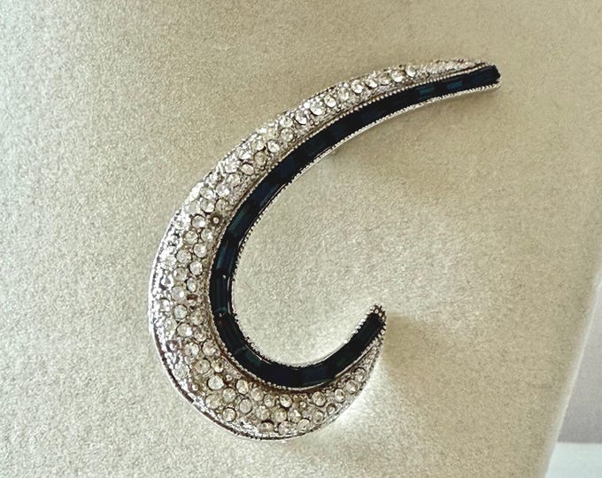 Vintage Silver Tone Clear and Sapphire Blue Rhinestone Brooch 2.5" Unsigned