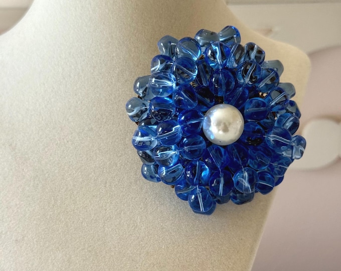 Vintage John Reubens Large Blue Glass and Faux Pearl Brooch