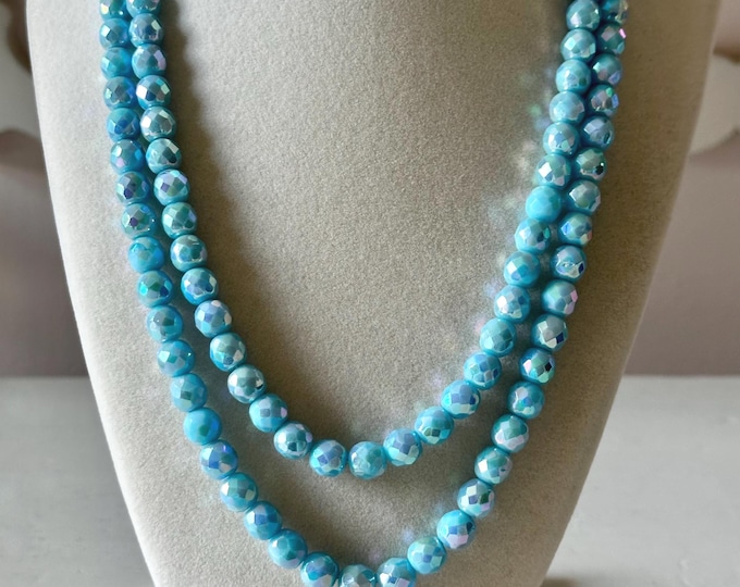 Vintage Czech Blue Aurora Borealis Double-Strand Beaded Necklace Unsigned 19"