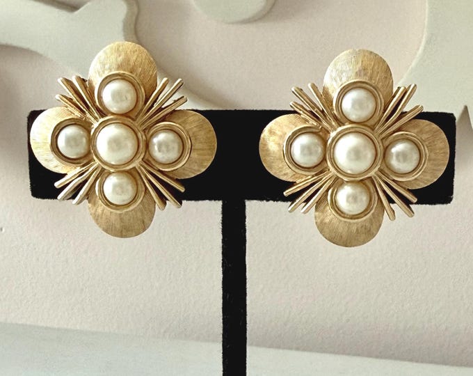 Vintage Trifari Brushed Gold Tone Faux Pearl Earrings Clip-On