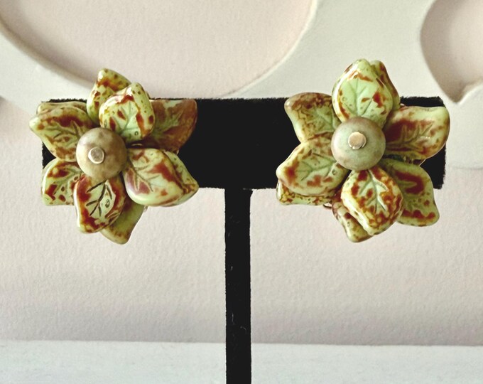 Vintage Alice Caviness Sage Green and Rust Molded Glass Leaf Earrings Clip-On