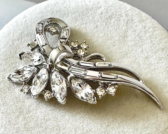 Vintage Trifari Silver Tone and Clear Rhinestone Brooch