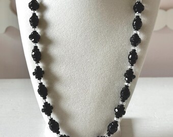 Vintage Faceted Black and Clear Glass Beaded Necklace From Germany 25.5"