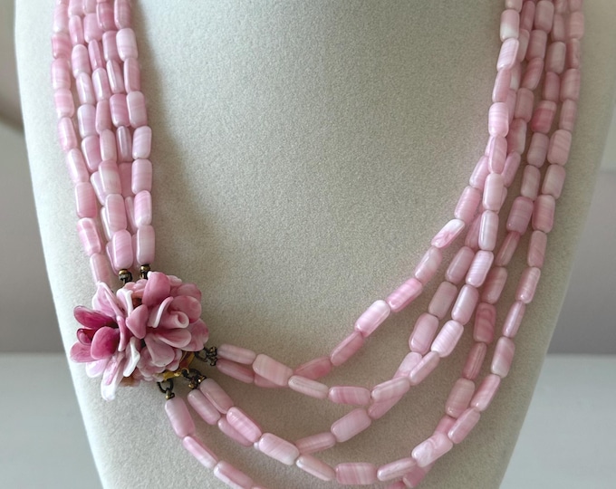 Vintage Hattie Carnegie Pink and White Glass Beaded Necklace with Rosette Clasp 18"