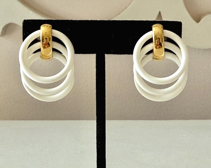 Vintage Crown Trifari Late 1950s Gold Tone and White Acrylic Hoop Earrings