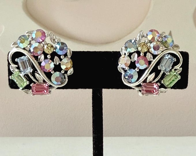 Vintage Lisner Silver Tone Pastel Rhinestone and AB Earrings Clip-On
