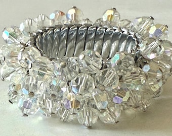 Vintage 1950s Silver Tone AB Crystal Cha-Cha Expandable Bracelet from Japan