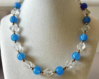 Vintage Blue and Clear Czech Glass Beaded Necklace Unsigned 17 1/4"