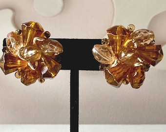 Vintage Germany Golden Acrylic Crystal Earrings Clip-On