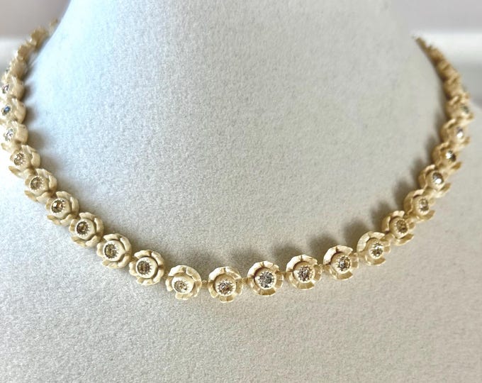 Vintage Carved Celluloid Rose Choker with Clear Rhinestones 14"