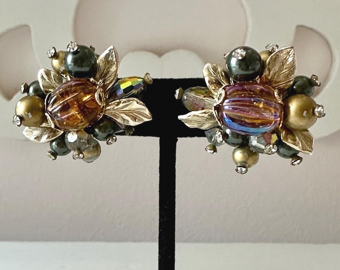 Vintage Vendome Fall Color Cluster Earrings Art Glass Gold Tone Leaves Clip-On