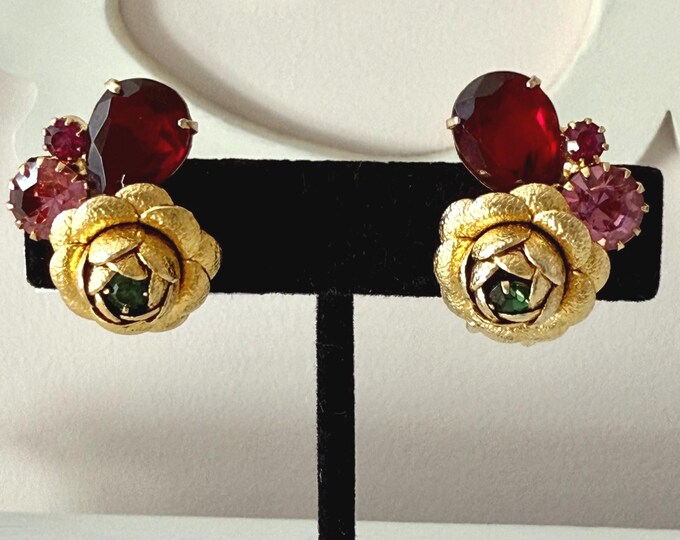 Vintage Hobe Brushed Gold Tone Rose Earrings, Red Pink Green Stones Clip On