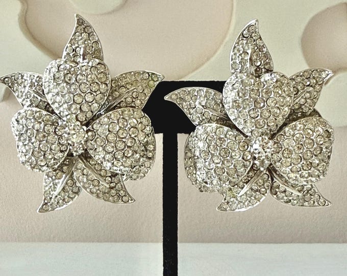 Vintage Silver Tone and Clear Rhinestone Floral Clips Unsigned