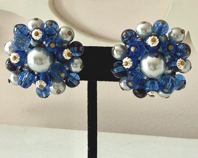 Vintage Japan Blue and Gray Glass and Acrylic Beaded Earrings