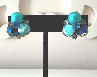Vintage Eugene Blue and Teal Beaded Earrings Clip-On