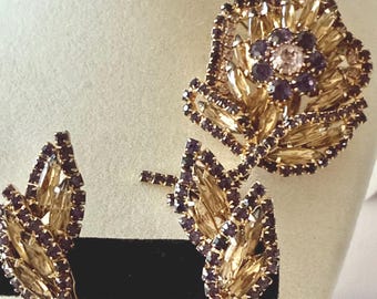 Vintage Hobe Golden Navette and Purple Rhinestone Layered Floral Brooch + Leaf Earrings