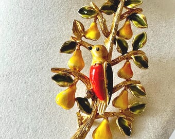 Vintage Cadoro Partridge in a Pear Tree Christmas Brooch 2.75"