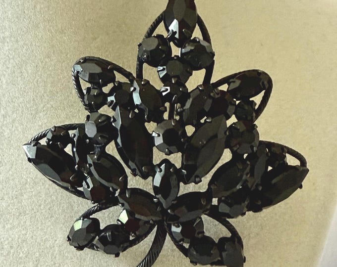 Vintage Regency Black Rhinestone Leaf Brooch with Japanned Finish