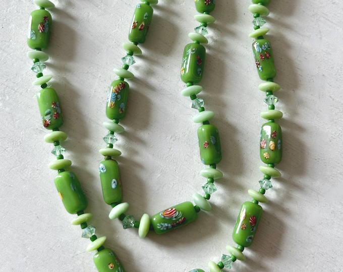Vintage Green Glass Millefiori Beaded Necklace Unsigned  28"