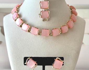Vintage Coro Pink Moonglow Thermoset Necklace + Bracelet + Earrings