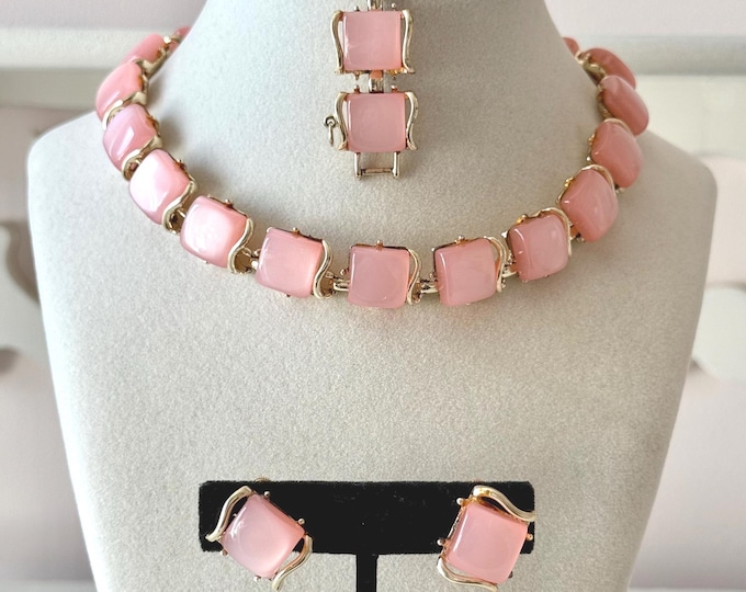Vintage Coro Pink Moonglow Thermoset Necklace + Bracelet + Earrings