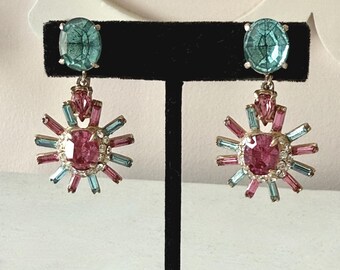 Vintage Aqua Blue and Pink Rhinestone Starburst Earrings Screw-Back Unsigned