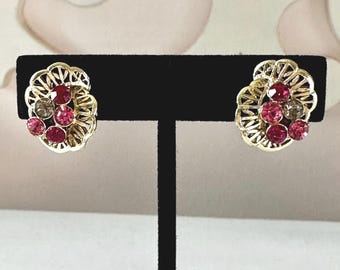 Vintage Coro Petite Pink Rhinestone Gold Tone Earrings Clip-On